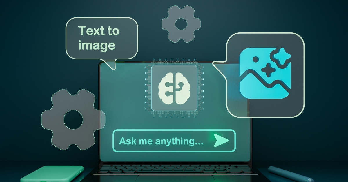 An illustration of a laptop screen showing a brain symbol, surrounded by gears and speech bubbles labelled Text to Image and Ask me anything.