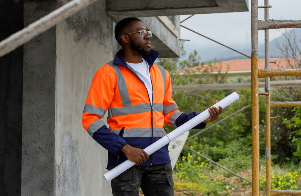 An architect in an orange safety jacket, representing EPCM excellence, holds blueprints while standing beside scaffolding at a construction site.