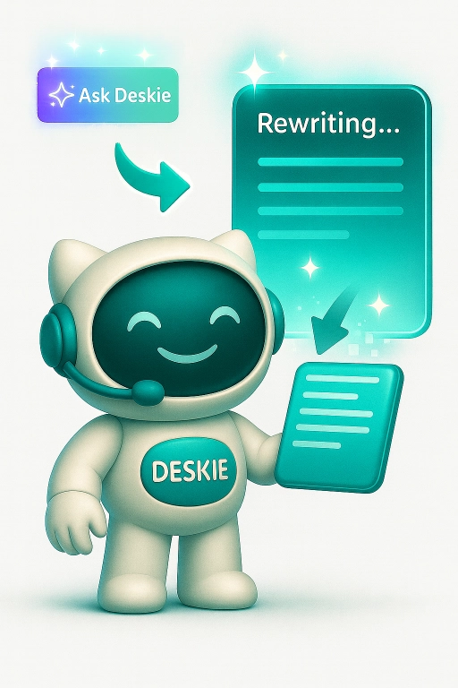 A smiling robot called “DESKIE” rewrites a document under a sign that says “Ask Deskie” and “Rewriting…”.