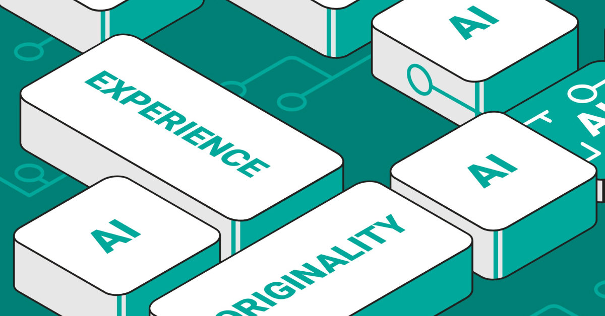 3D blocks marked AI, EXPERIENCE, and ORIGINALITY on a teal background with circuit designs.